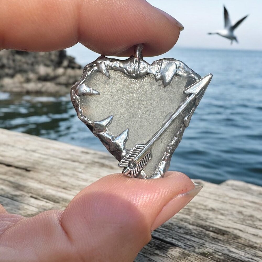 Sea Glass Heart Artisan Pendant With Silver Blend Cabochon “Struck by Cupid”